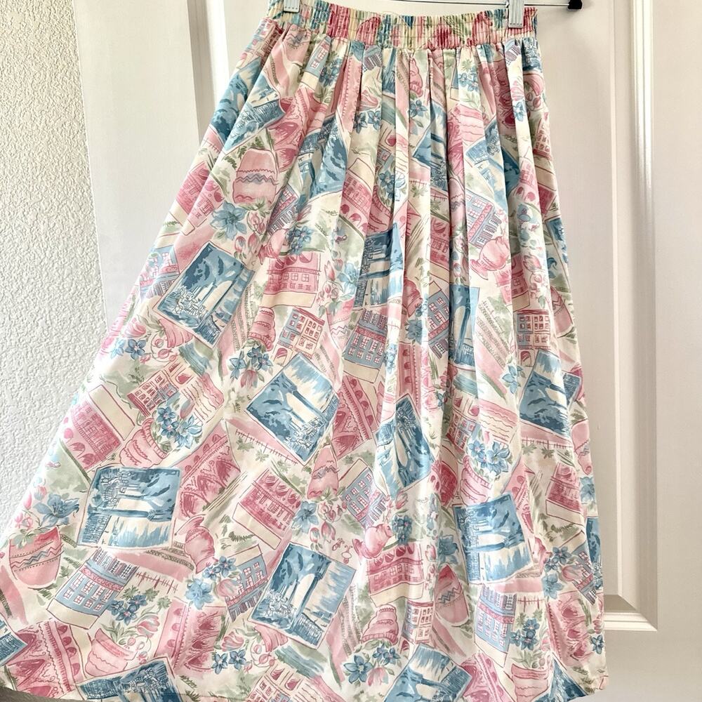 Vintage Koret Skirt Small Scenic Novelty Print Midi Maxi Elastic Waist USA 80s
